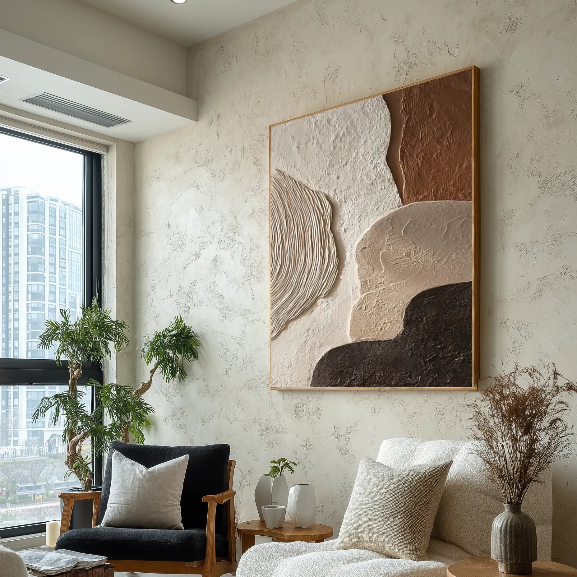 3D Textured Neutral Abstract Wall Art, Cream Terracotta Charcoal for Living Room #97QWF66E