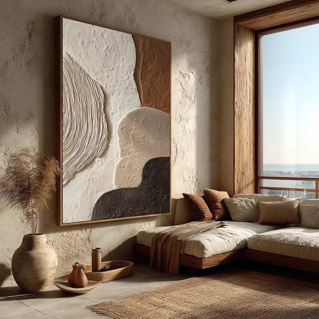 3D Textured Neutral Abstract Wall Art, Cream Terracotta Charcoal for Living Room #97QWF66E
