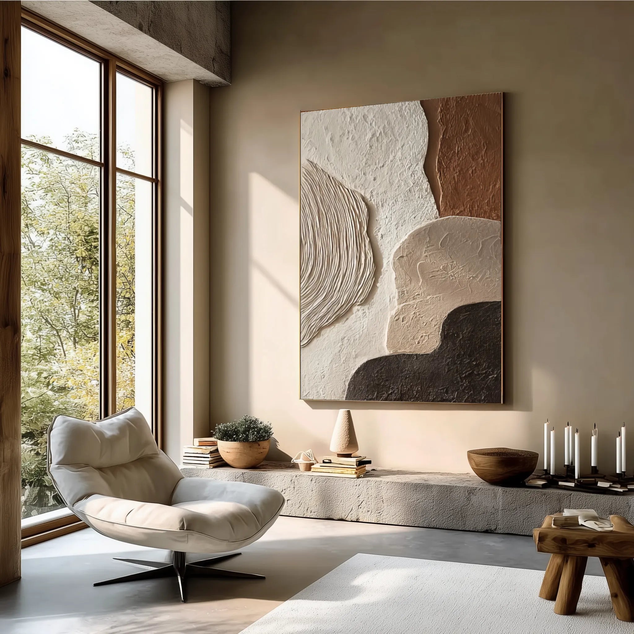 3D Textured Neutral Abstract Wall Art, Cream Terracotta Charcoal for Living Room #97QWF66E