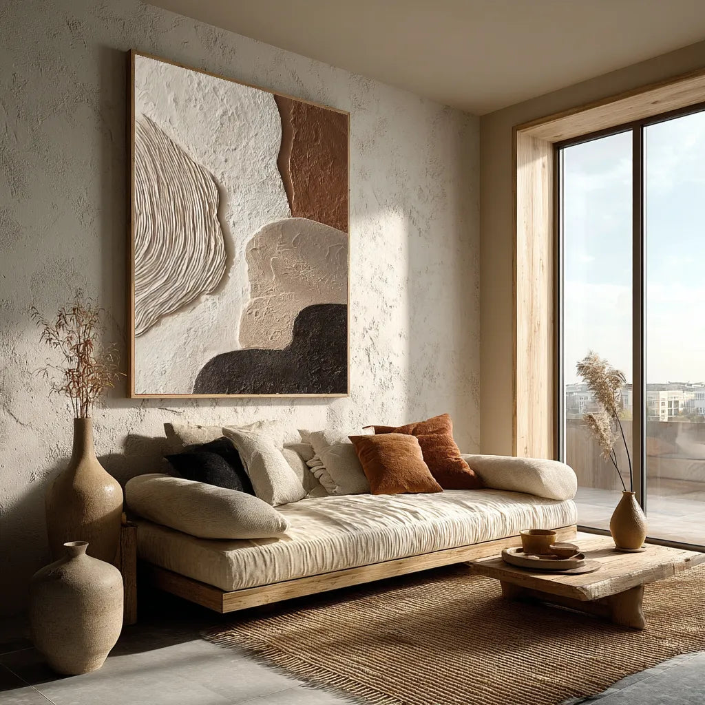 3D Textured Neutral Abstract Wall Art, Cream Terracotta Charcoal for Living Room #97QWF66E