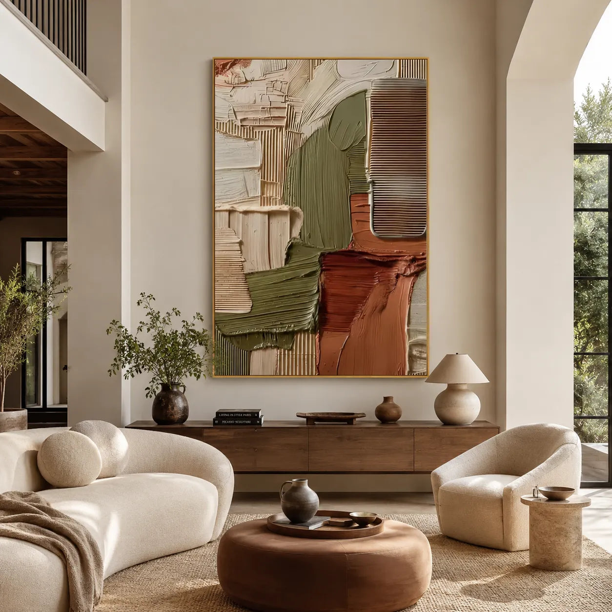 3D Textured Earth Tone Abstract Wall Art, Olive Terracotta Cream for Living Room  #DX9VZUBS