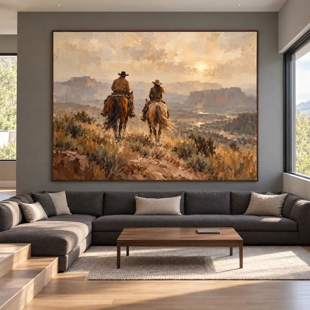 Earth-Tone Hand-Painted Oil Painting, Two Riders in a Western Canyon #GPBZ74OG