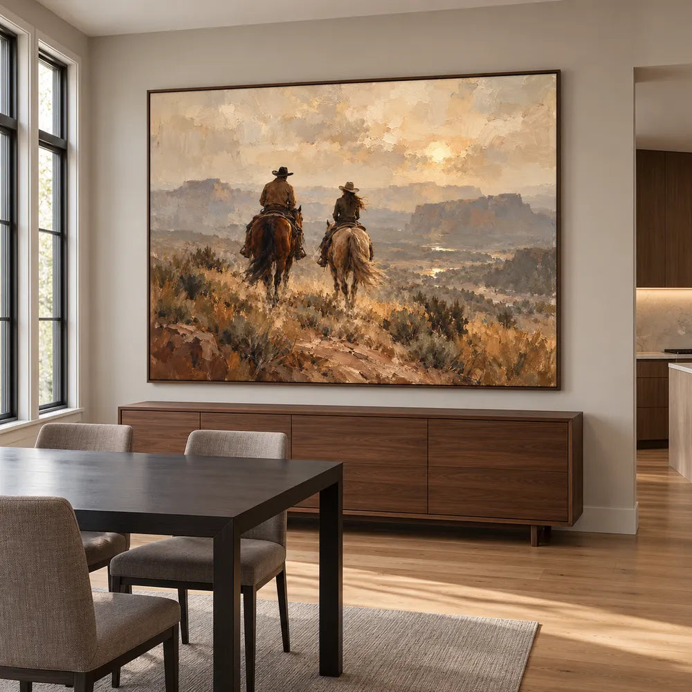 Earth-Tone Hand-Painted Oil Painting, Two Riders in a Western Canyon #GPBZ74OG