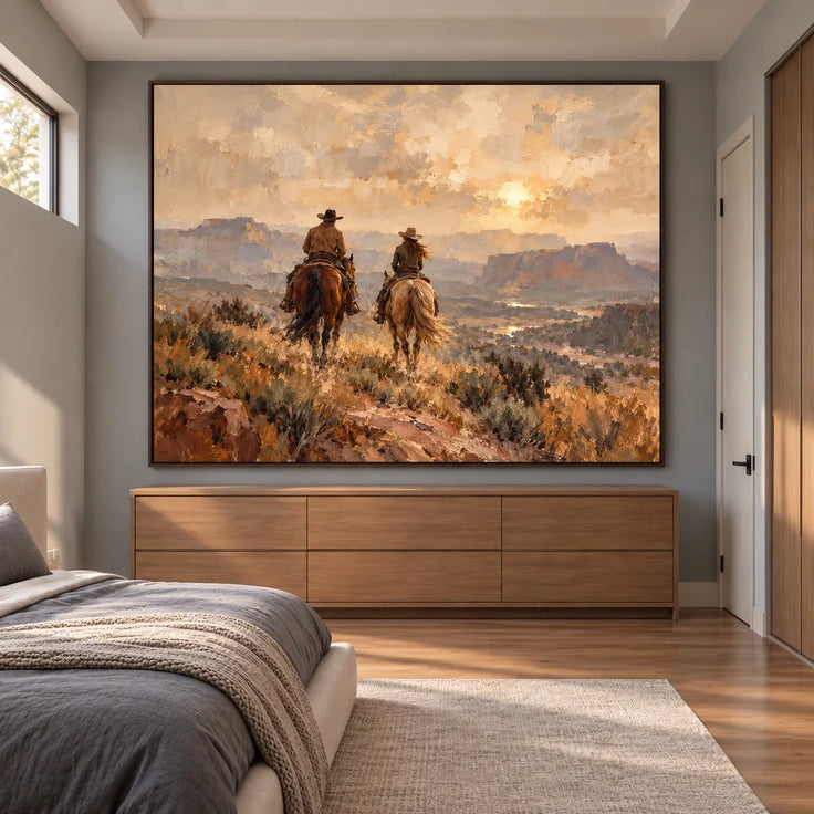 Earth-Tone Hand-Painted Oil Painting, Two Riders in a Western Canyon #GPBZ74OG