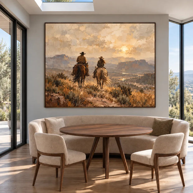 Earth-Tone Hand-Painted Oil Painting, Two Riders in a Western Canyon #GPBZ74OG