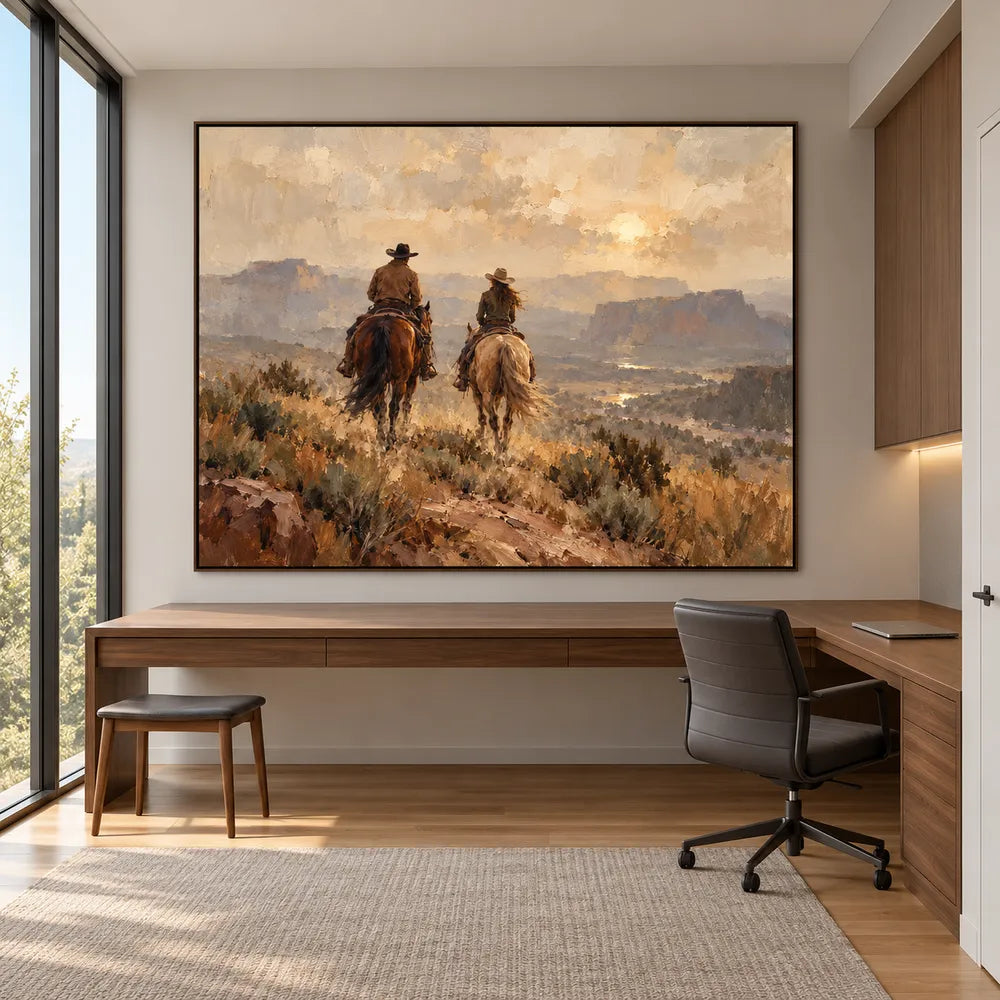 Earth-Tone Hand-Painted Oil Painting, Two Riders in a Western Canyon #GPBZ74OG