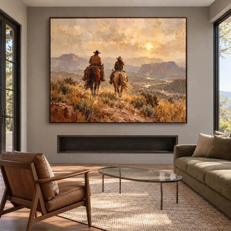 Earth-Tone Hand-Painted Oil Painting, Two Riders in a Western Canyon #GPBZ74OG