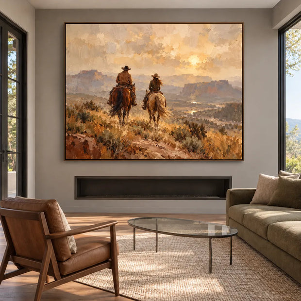 Earth-Tone Hand-Painted Oil Painting, Two Riders in a Western Canyon #GPBZ74OG