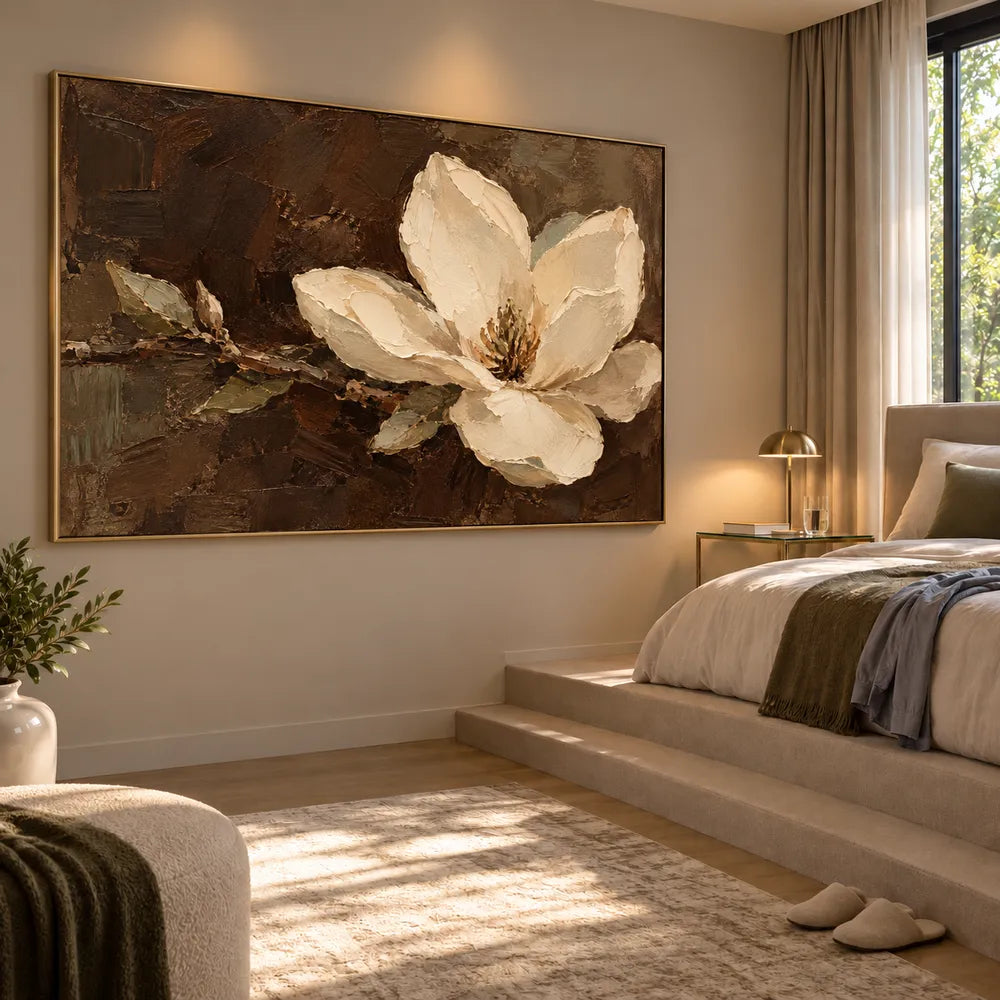 Brown Cream Hand-Painted Floral Painting, Single Pale Bloom #EMT3ALXK