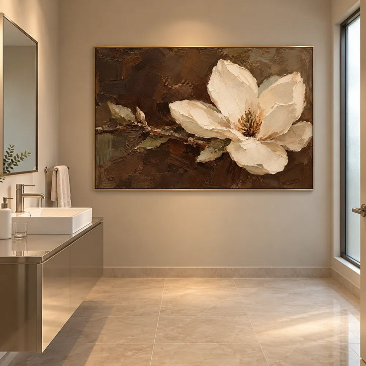 Brown Cream Hand-Painted Floral Painting, Single Pale Bloom #EMT3ALXK