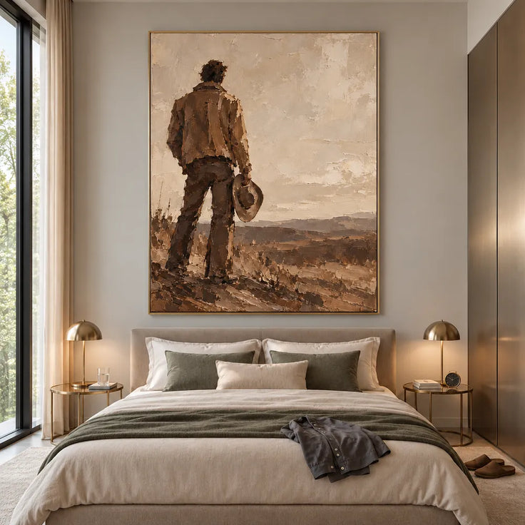 Brown Hand-Painted Western Figure Painting, Man Holding a Hat #5Y8Z21LG