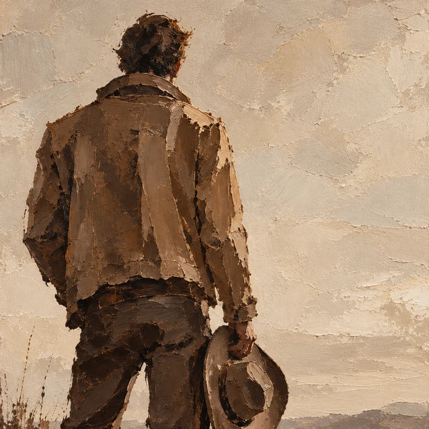 Brown Hand-Painted Western Figure Painting, Man Holding a Hat #5Y8Z21LG