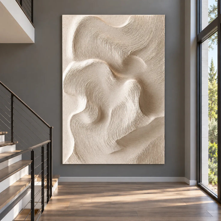 Ivory Hand-Painted 3D Textured Oil Painting, Flowing Combed Abstract Wall Art #7DVPFU2I
