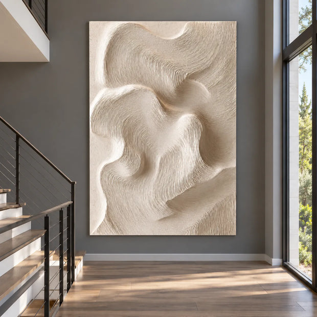 Ivory Hand-Painted 3D Textured Oil Painting, Flowing Combed Abstract Wall Art #7DVPFU2I
