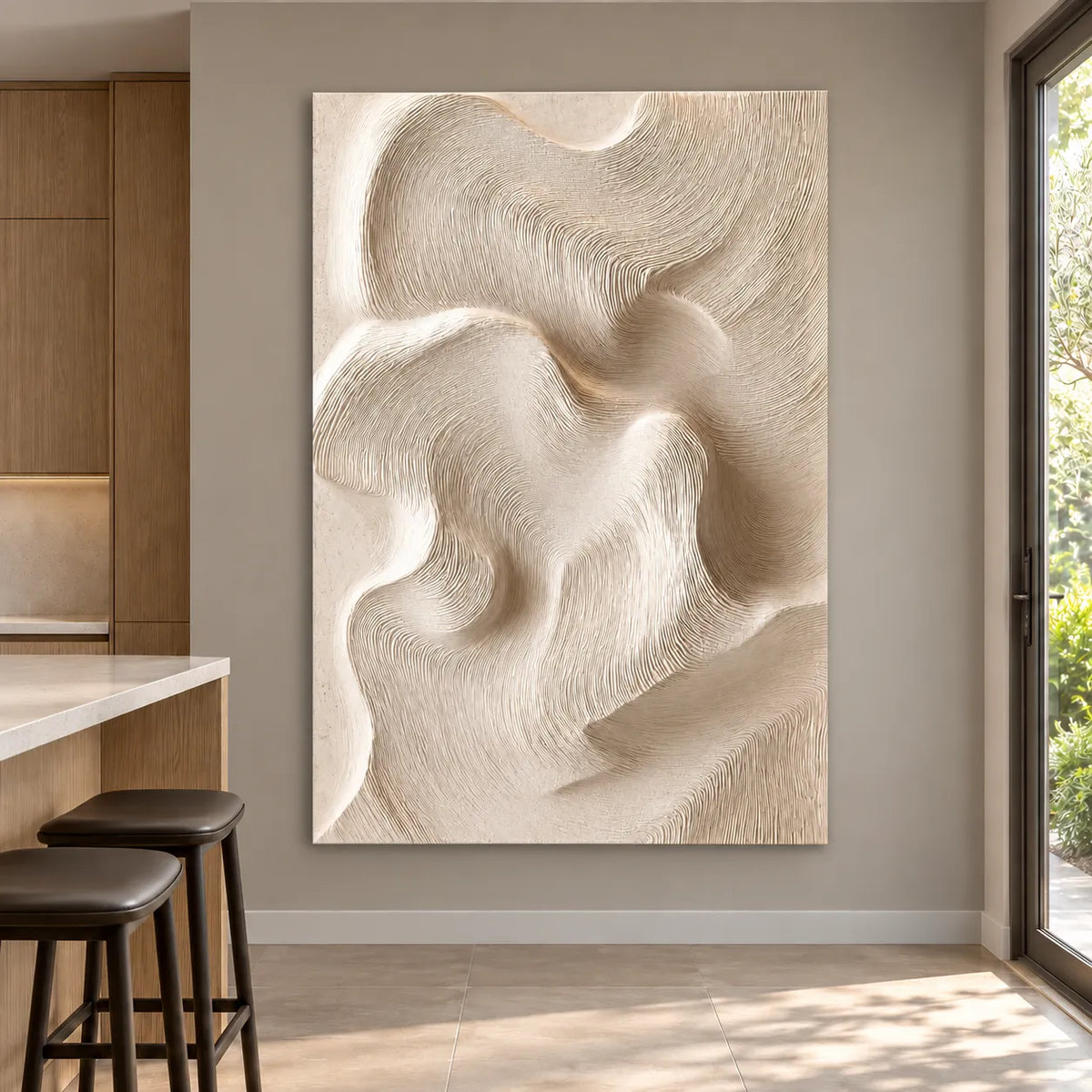 Ivory Hand-Painted 3D Textured Oil Painting, Flowing Combed Abstract Wall Art #7DVPFU2I