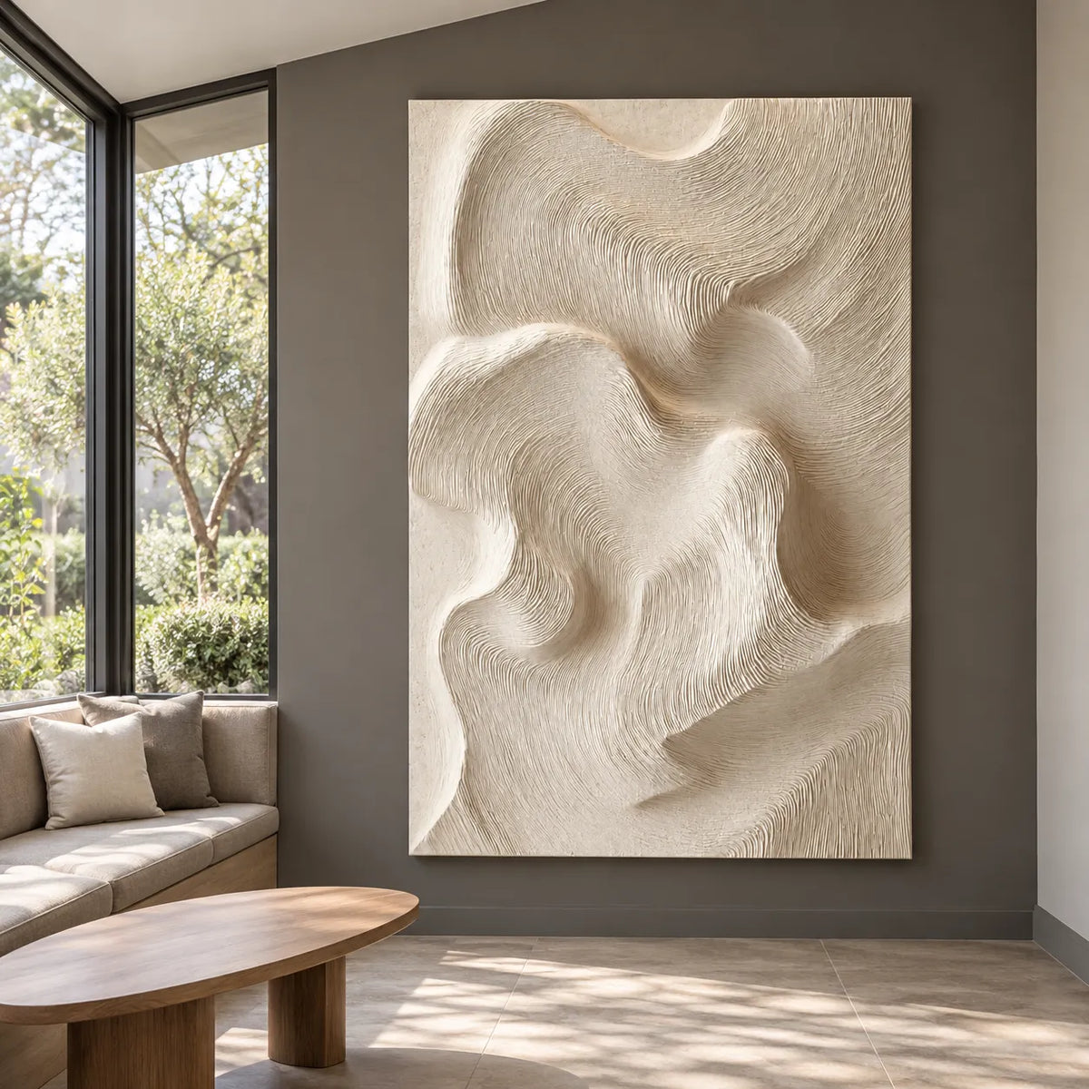 Ivory Hand-Painted 3D Textured Oil Painting, Flowing Combed Abstract Wall Art #7DVPFU2I