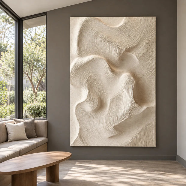 Ivory Hand-Painted 3D Textured Oil Painting, Flowing Combed Abstract Wall Art #7DVPFU2I