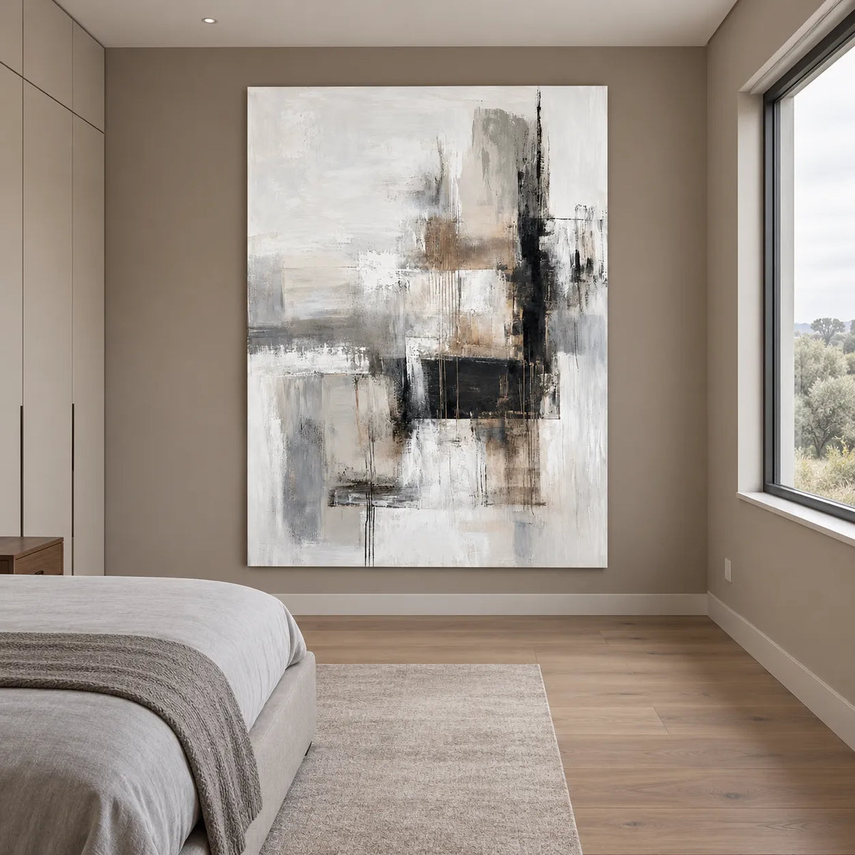 White & Gray Hand-Painted Oil Painting, Black and Beige Geometric Abstract Wall Art #97LTCB0M