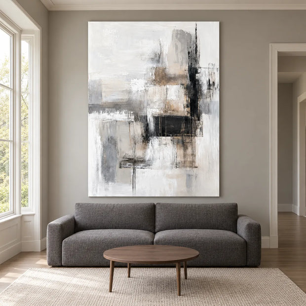 White & Gray Hand-Painted Oil Painting, Black and Beige Geometric Abstract Wall Art #97LTCB0M