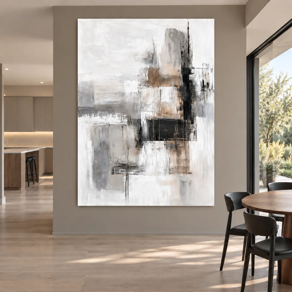 White & Gray Hand-Painted Oil Painting, Black and Beige Geometric Abstract Wall Art #97LTCB0M