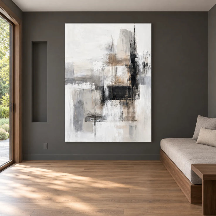 White & Gray Hand-Painted Oil Painting, Black and Beige Geometric Abstract Wall Art #97LTCB0M