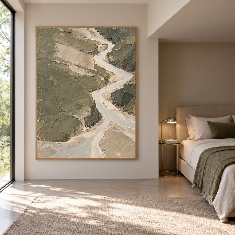 Sage Hand-Painted Abstract Landscape, Pale Zigzag River #96RDE9UL