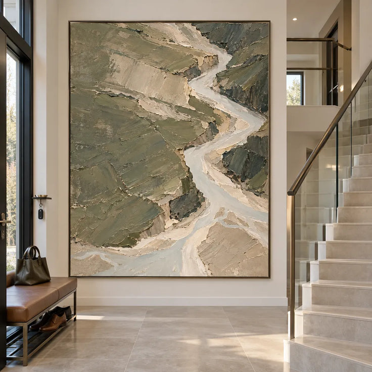 Sage Hand-Painted Abstract Landscape, Pale Zigzag River #96RDE9UL