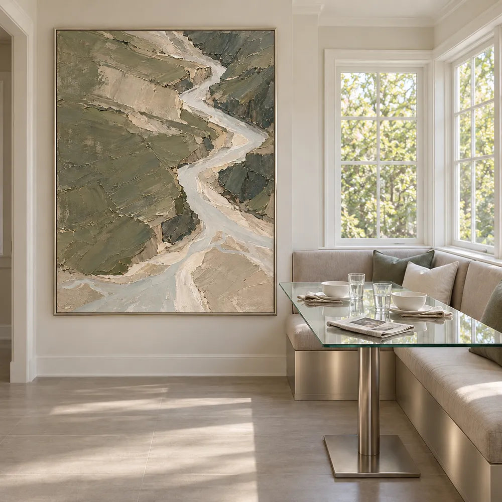 Sage Hand-Painted Abstract Landscape, Pale Zigzag River #96RDE9UL