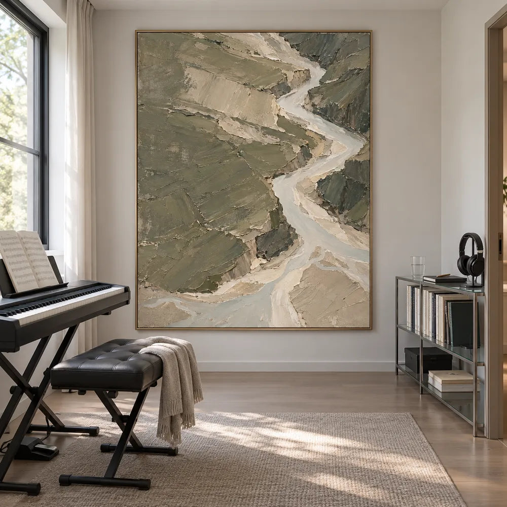 Sage Hand-Painted Abstract Landscape, Pale Zigzag River #96RDE9UL