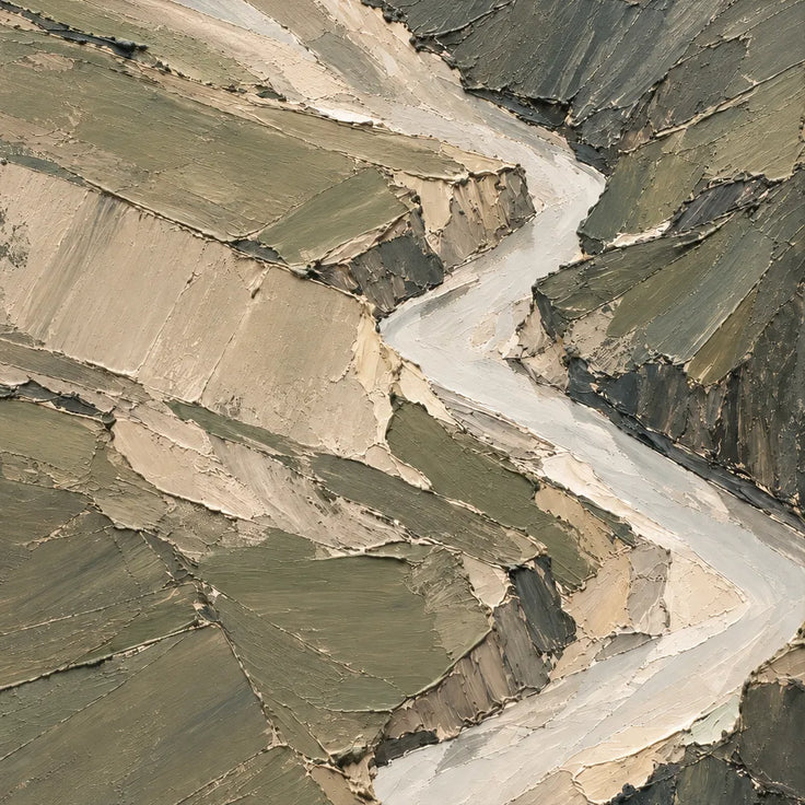 Sage Hand-Painted Abstract Landscape, Pale Zigzag River #96RDE9UL