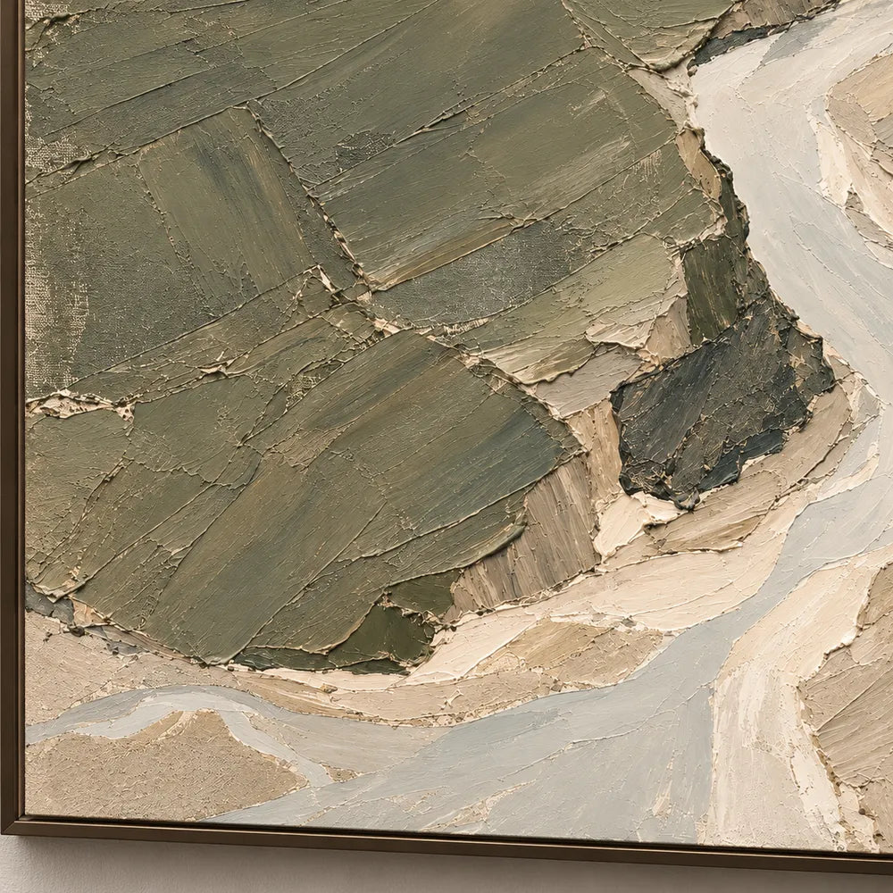 Sage Hand-Painted Abstract Landscape, Pale Zigzag River #96RDE9UL