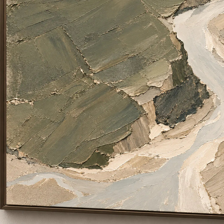 Sage Hand-Painted Abstract Landscape, Pale Zigzag River #96RDE9UL