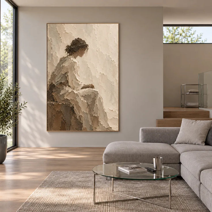 Cream Hand-Painted Figure Painting, Seated Woman in Profile #TN6TTNEA