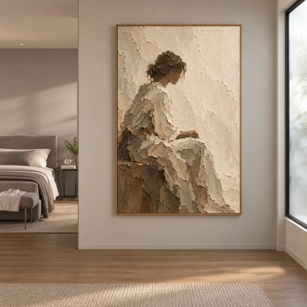 Cream Hand-Painted Figure Painting, Seated Woman in Profile #TN6TTNEA