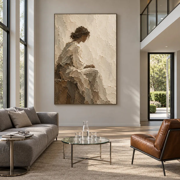 Cream Hand-Painted Figure Painting, Seated Woman in Profile #TN6TTNEA