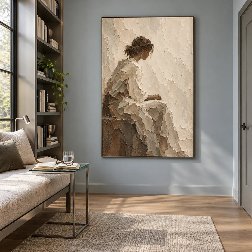 Cream Hand-Painted Figure Painting, Seated Woman in Profile #TN6TTNEA