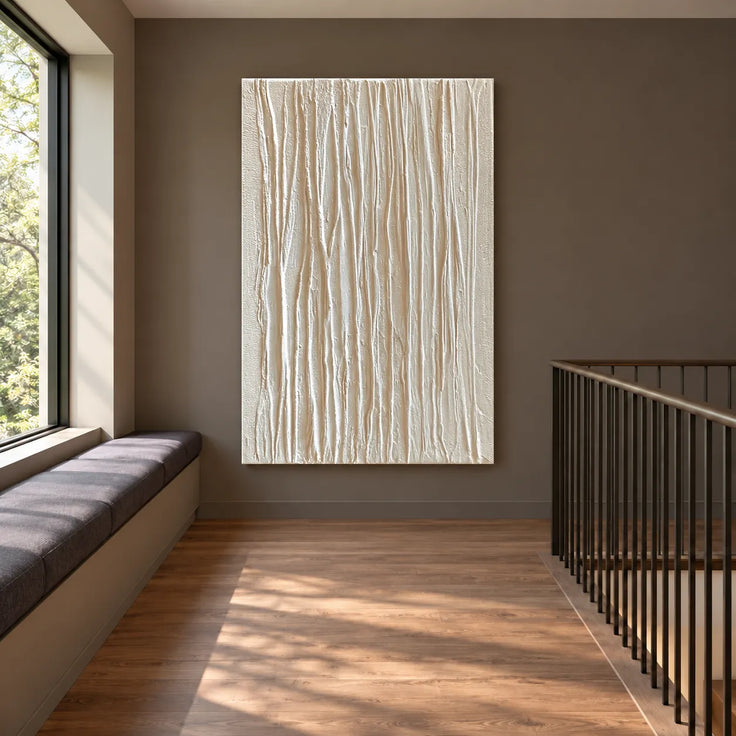 Ivory Hand-Painted 3D Textured Oil Painting, Vertical Ridge Abstract Wall Art #R4VPISMI
