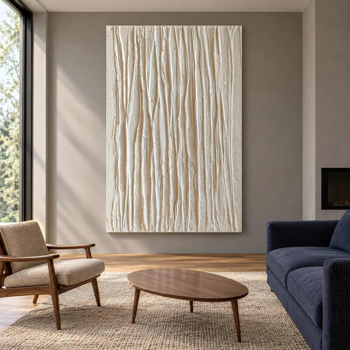 Ivory Hand-Painted 3D Textured Oil Painting, Vertical Ridge Abstract Wall Art #R4VPISMI
