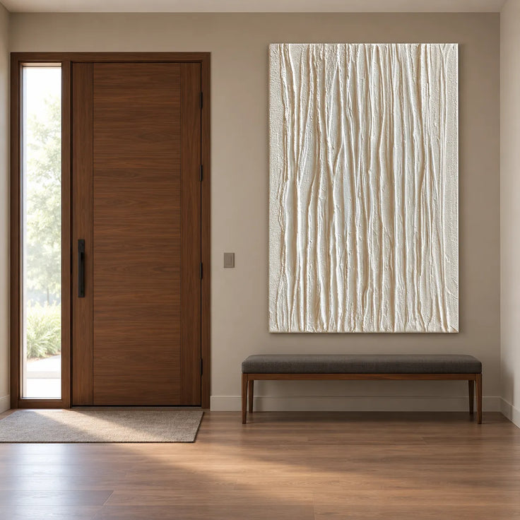 Ivory Hand-Painted 3D Textured Oil Painting, Vertical Ridge Abstract Wall Art #R4VPISMI