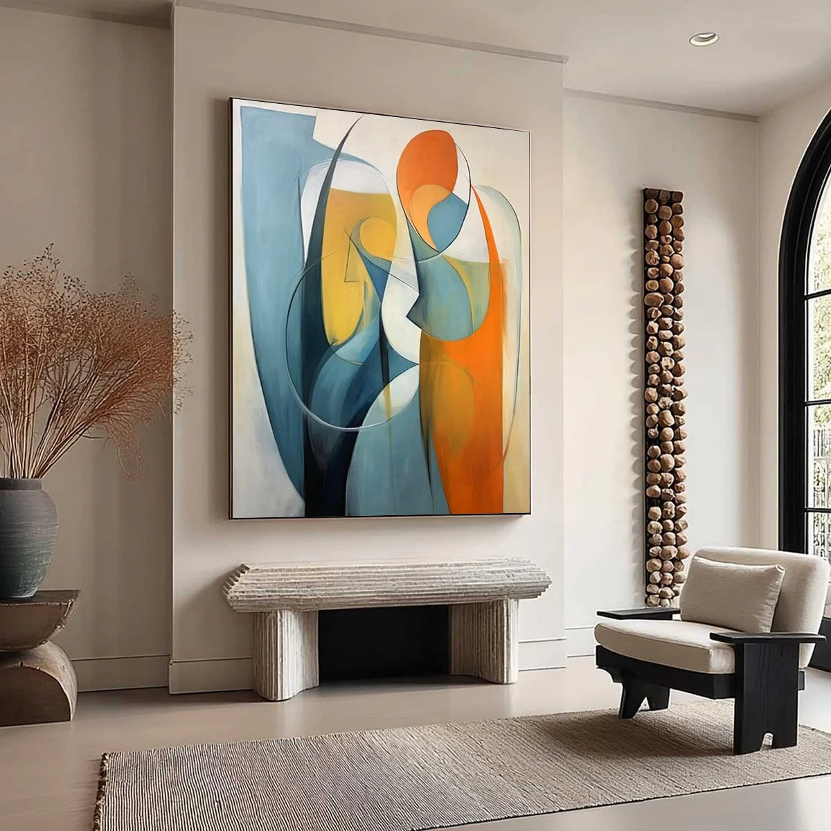 Abstract Blue & Orange Oil Painting, Modern Hand-Painted Wall Art #AB155