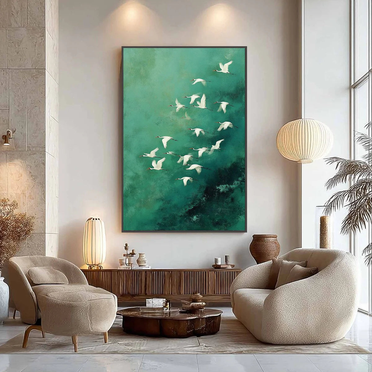 Emerald Green Crane Oil Painting, Original Hand-Painted Wall Art #AM405