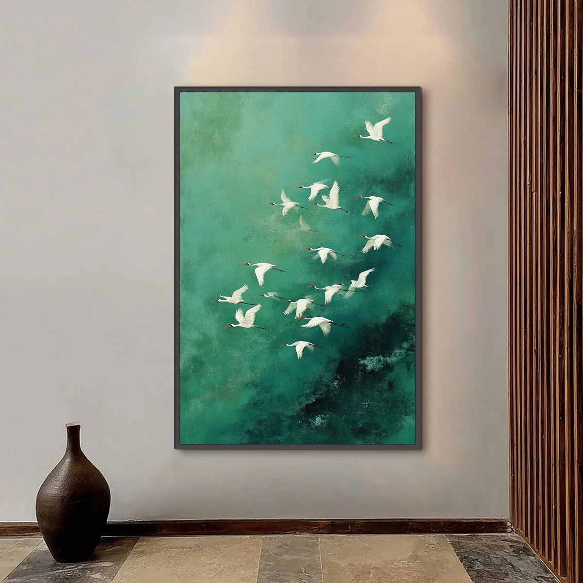 Emerald Green Crane Oil Painting, Original Hand-Painted Wall Art #AM405