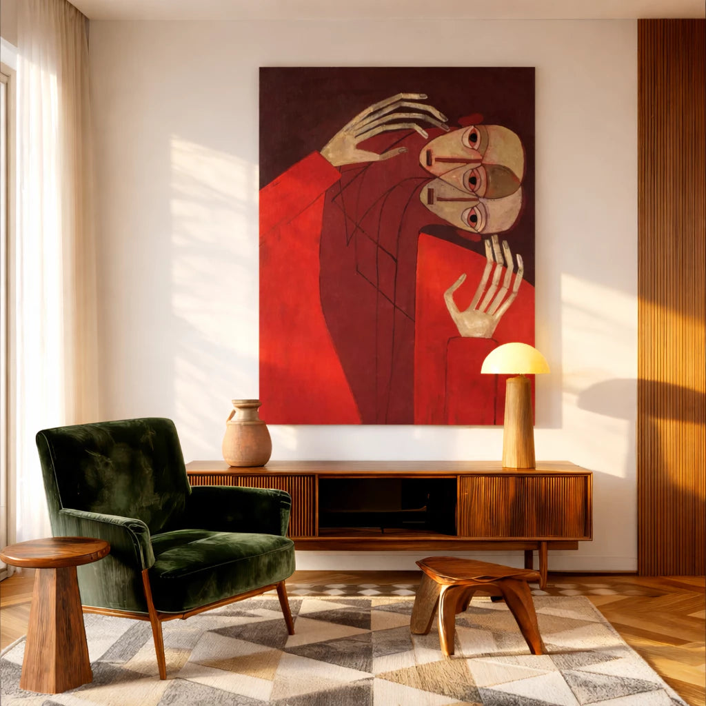 Hand-Painted Red Cubist Abstract Figure Oil Painting #AB163