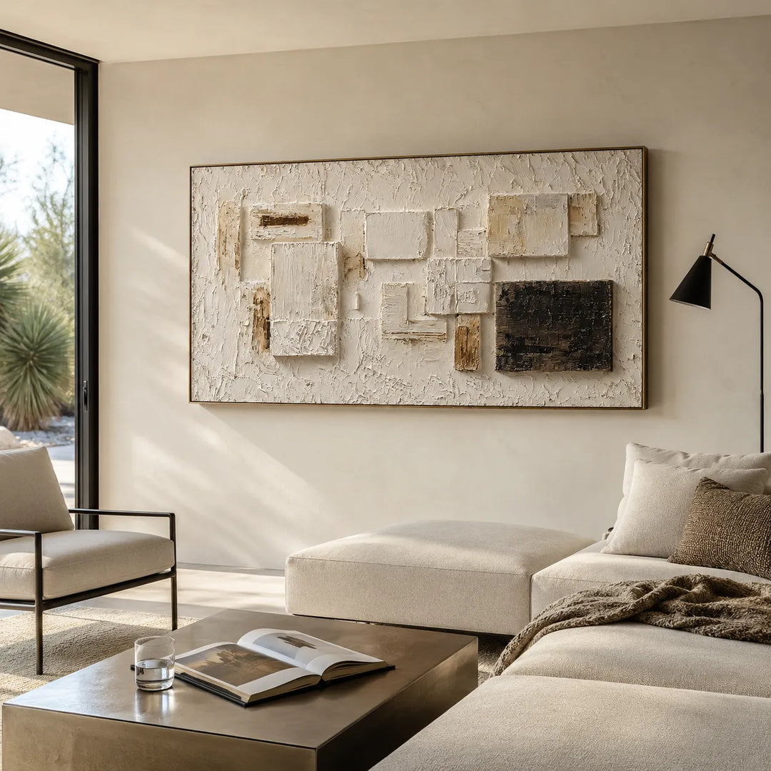 Warm Beige and Black Geometric Textured Wall Art for Living Room #94H32ZBT