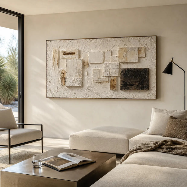 Warm Beige and Black Geometric Textured Wall Art for Living Room #94H32ZBT