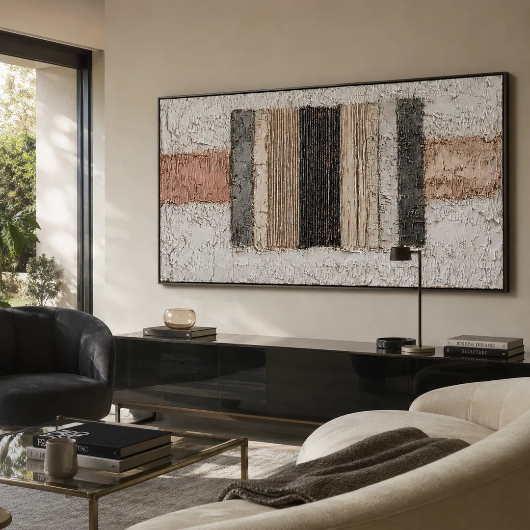 Soft White and Blush Textured Abstract Wall Art for Living Room, Geometric Relief #Y4B3ORMG