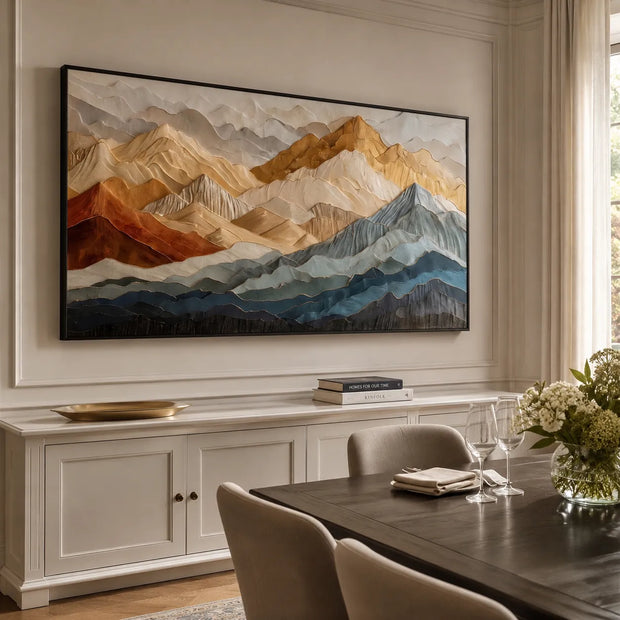 Colorful Mountain Wall Art for Living Room, Gold Rust and Blue Layered Landscape #UXCDZQ92