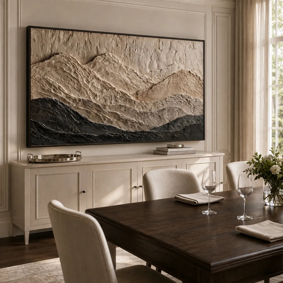 Warm Beige Textured Mountain Wall Art for Living Room, Neutral Impasto Landscape #IJVH3F9M