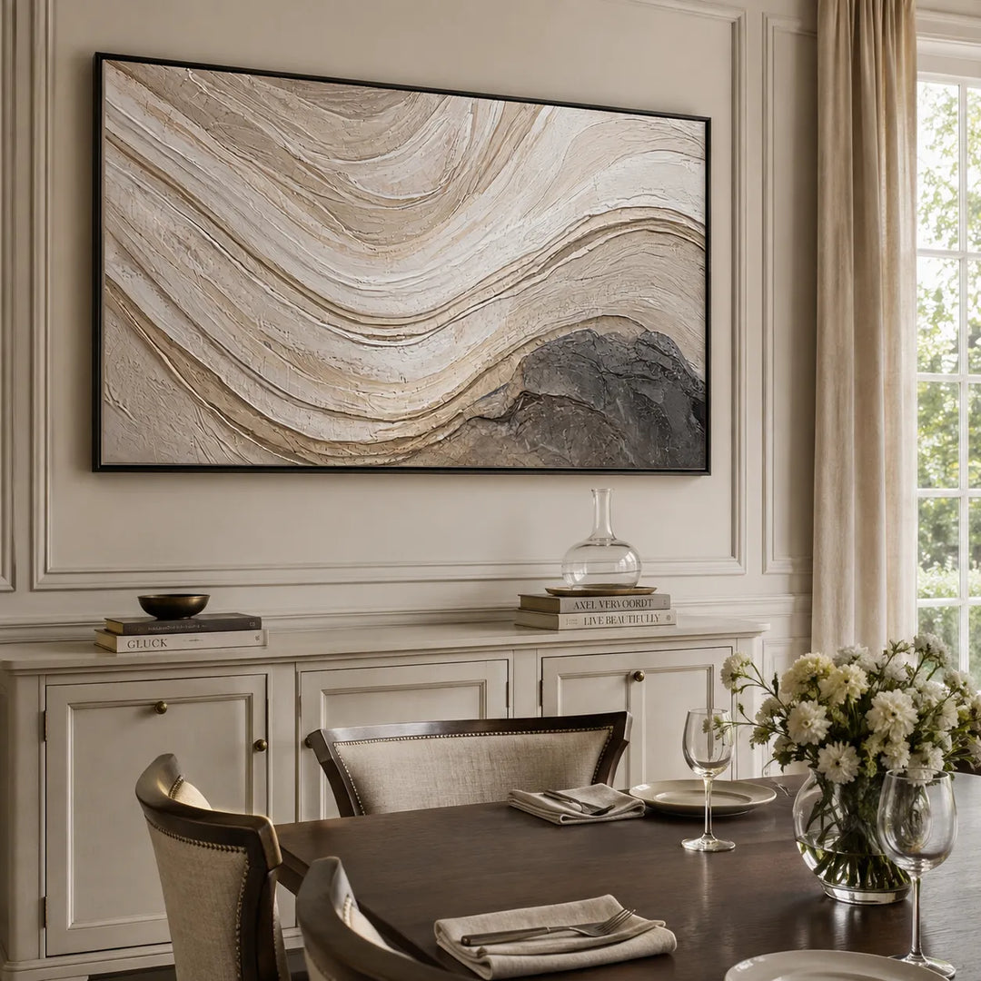 Warm Ivory Textured Abstract Wall Art for Living Room, Flowing Stone-Inspired Layers #15UDX87W