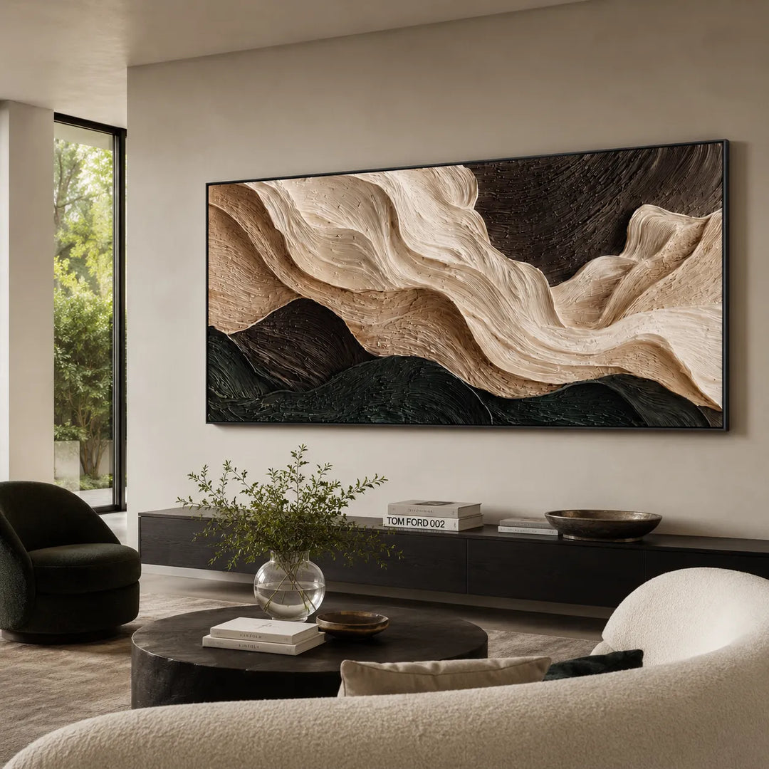 Warm Ivory and Deep Green Textured Abstract Wall Art for Living Room, Flowing Forms #TNBQI1JC
